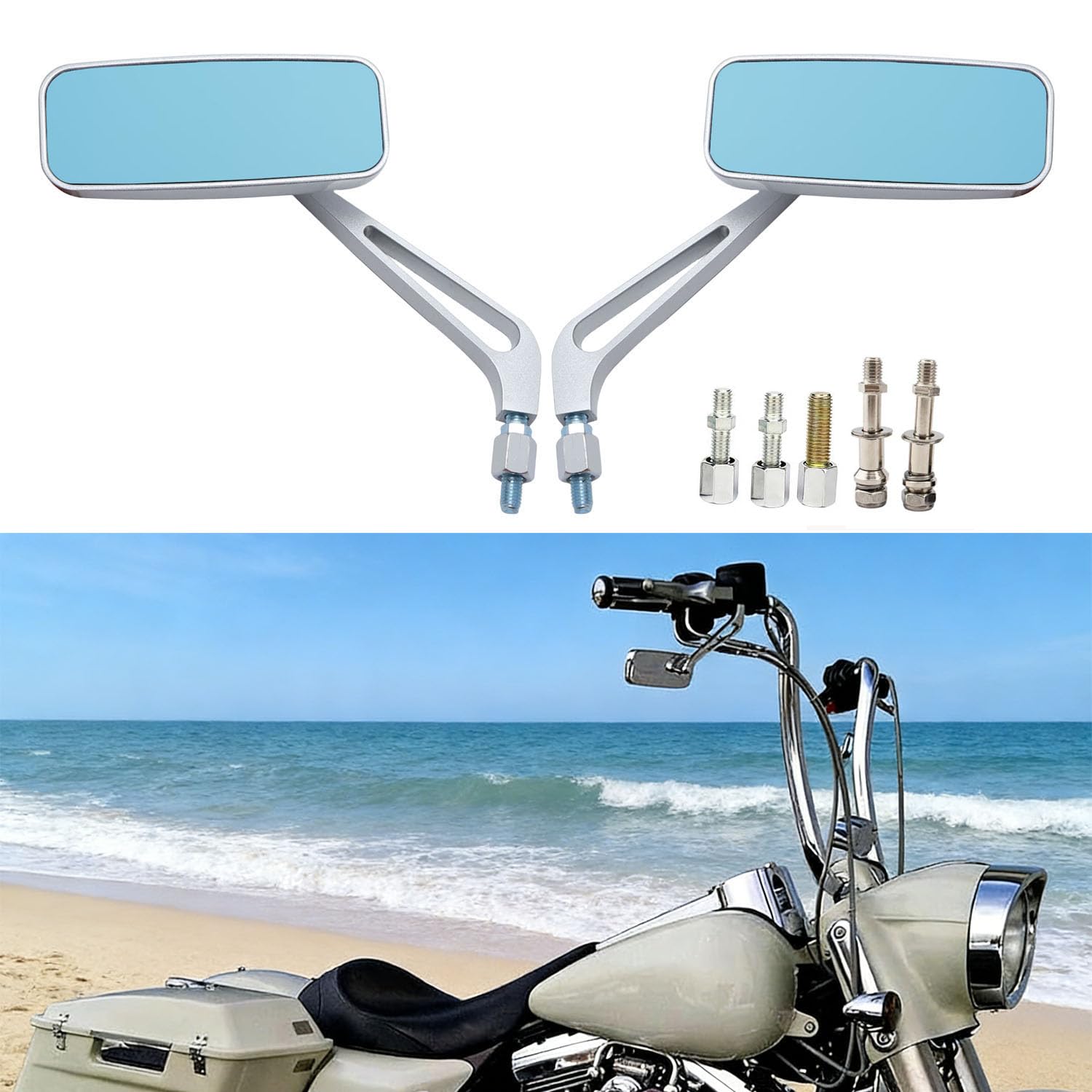 Specchietti Retrovisori Rettangolari Cromati 8mm 10mm con Lenti Blu, per Harley Davidson Softail Sportster, Honda, Bobber Cruiser Chopper Scooter Touring Sport Bike ATV