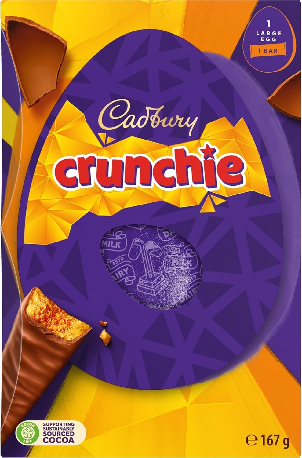 Cadbury Dairy Milk Crunchie Easter Egg, Includes 1 Large Egg and 1 Crunchie Bar, Gift for Easter, 167 g (Pack of 1)