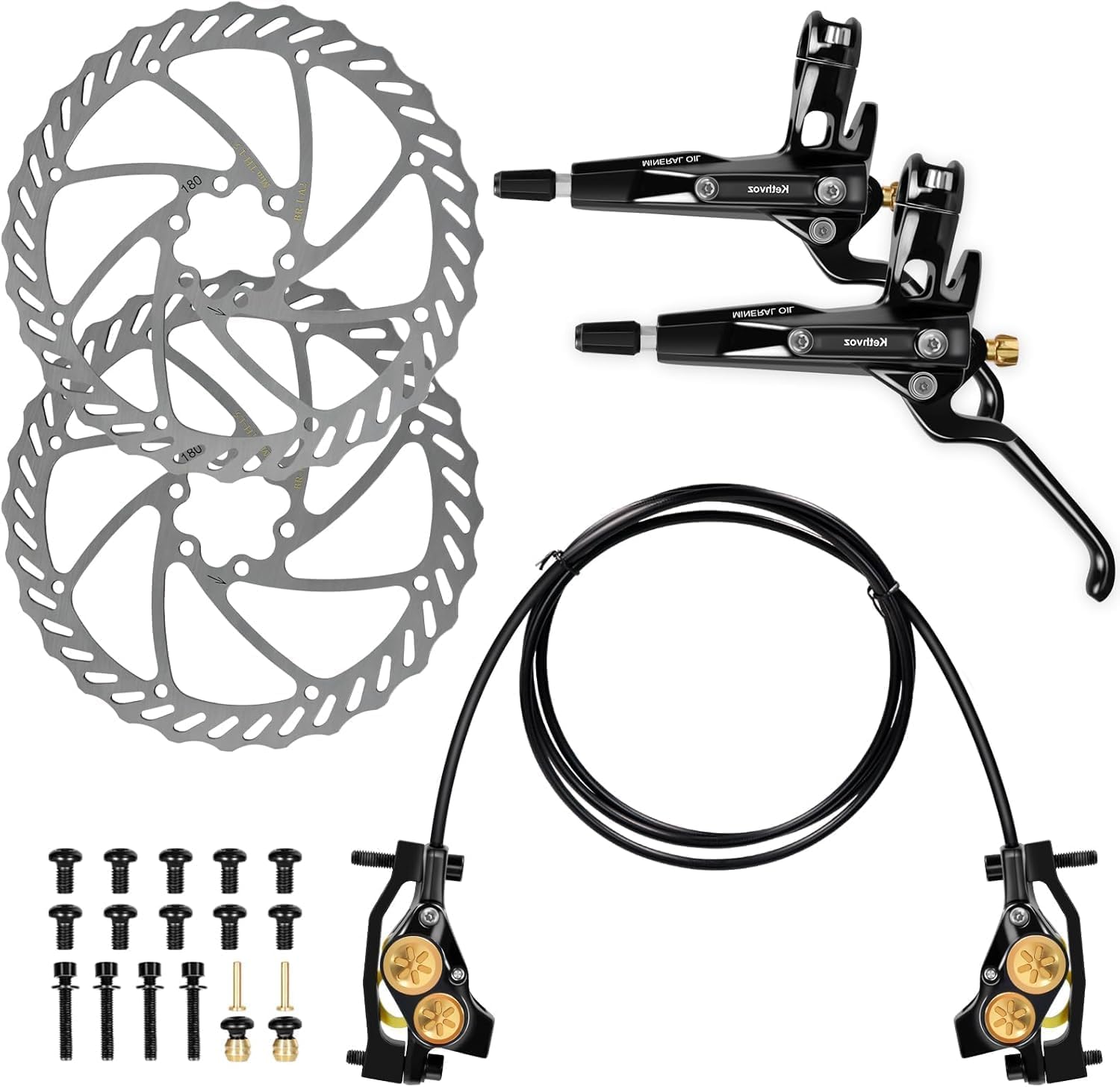 Kethvoz MTB Hydraulische Bremsen Set 4 Kolben, Scheibenbremse Fahrrad Set Vorne Und Hinten, Professionelles Bicycle Hydraulikbremsen mit 180mm bremsscheiben für Mountainbike E-Bike Rennrad Reiten