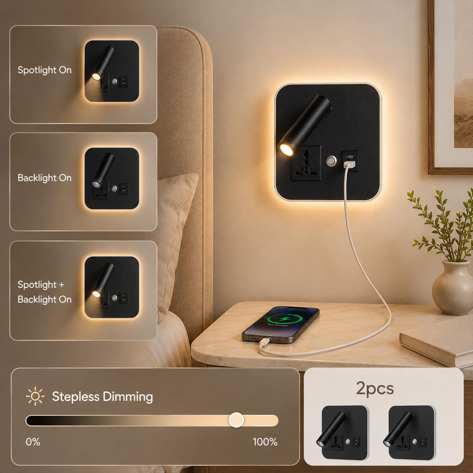 Lámpara de pared LED, 12W 3000K Lámpara De Lectura con puerto USB A+C, aplique pared regulable con cabezal orientable 350°, lámpara con puerto USB para dormitorio y salón, aluminio negro