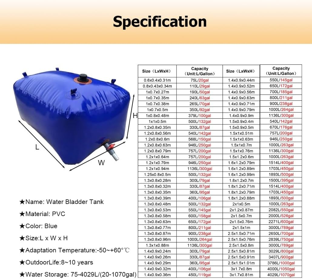 Foldable Water Storage Bladder Containers, 20-1070 Gal Portable Emergency Water Tank Water Bag for RVs Fire Prevention Irrigation(1.4x0.9x0.63m/800L/211gal)