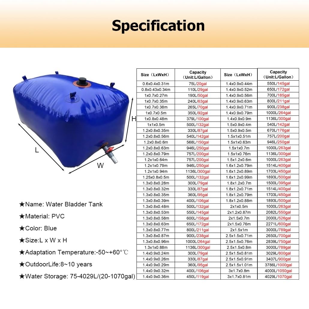 Bolsa De Almacenamiento De Agua, Tanque De Vejiga De Agua Plegable, Contenedor De Agua De Plástico Flexible Portátil, Cubo De Gran Capacidad, Barril Colector(1.3x0.8x0.58m/600L/158gal)