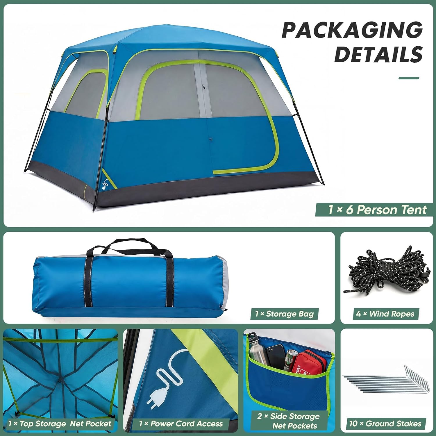 6/8 Person Tent for Camping, Waterproof Tent with Rainfly, High-Density Mesh, Stakes & Guy Lines, Portable Easy Setup Large Family Camping Shelter for Hiking, Fishing, Backpacking