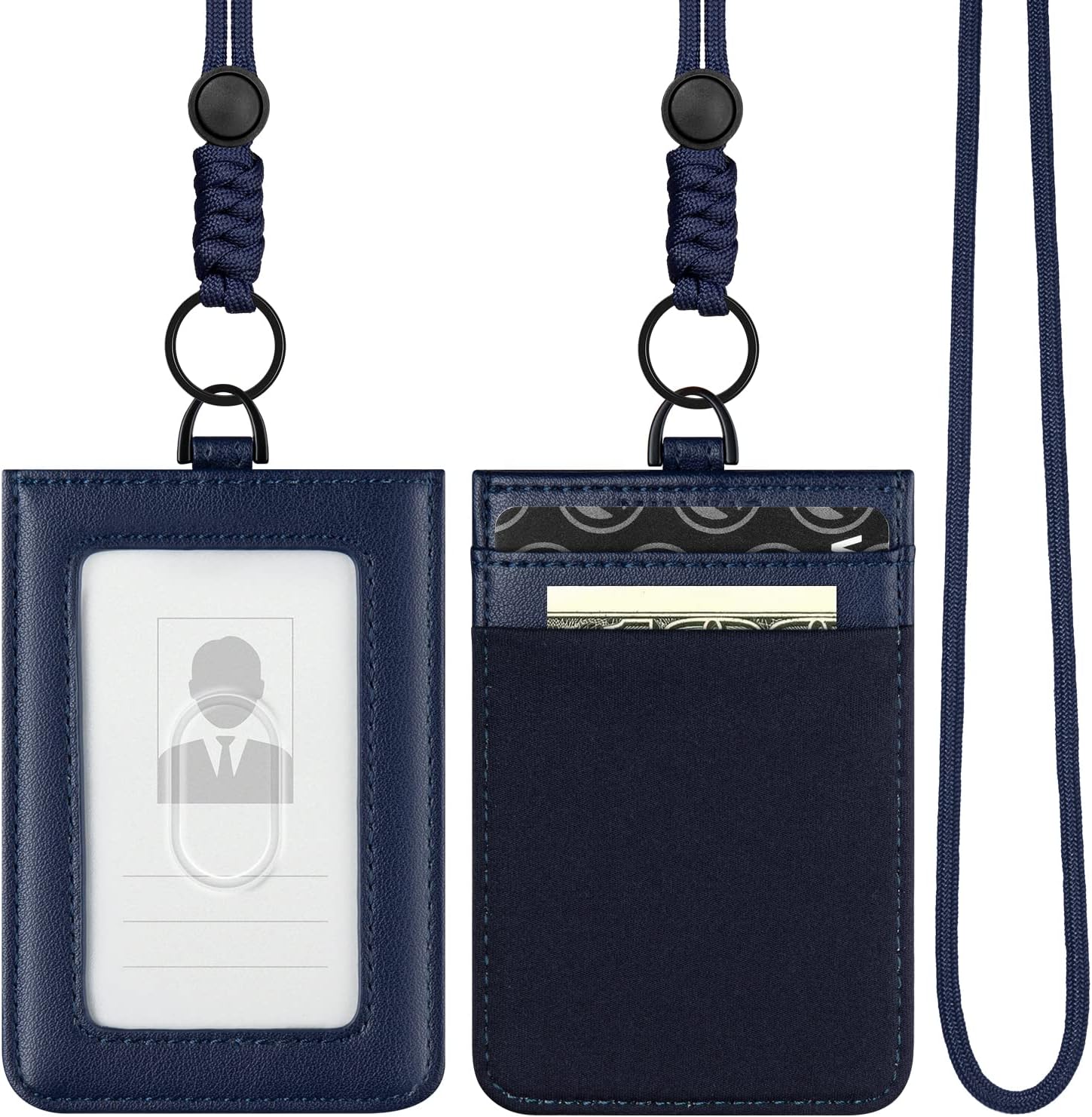 VULKIT ID Badge Holder with Lanyard for Women and Men Vertical Leather Badge Holder with Clear ID Window Card Holder Slot and Money Pocket