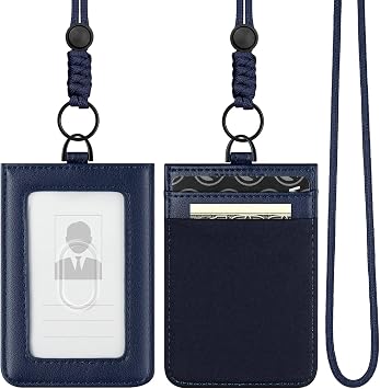 VULKIT ID Badge Holder with Lanyard for Women and Men Vertical Leather Badge Holder with Clear ID Window Card Holder Slot and Money Pocket Navy