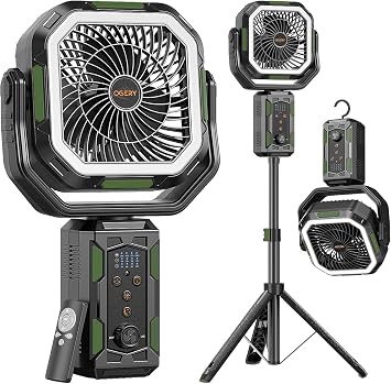 OGERY F21 Camping Fan with Stand, 20000mAh Rechargeable Battery Powered Standing Fan, LED Lanterns for Power Outages, Strong Wind, Fast Charging for Tent, Travel, Bedroom, Camping Essentials