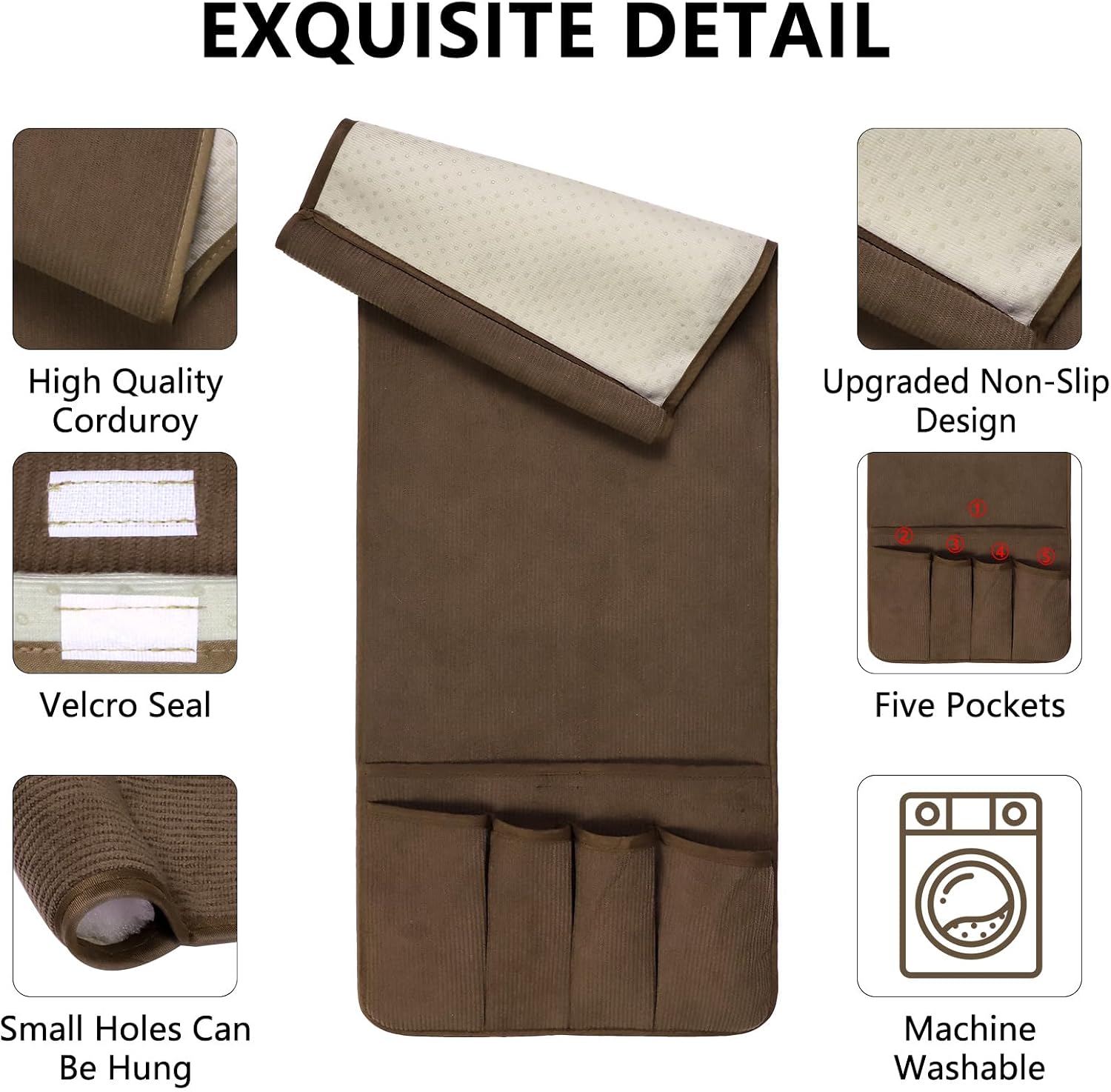 Remote Control Holder, Anti Slip Armchair Caddy Couch Caddy with 5 Pockets | Tv Remote Holder Couch Caddy with 5 Pockets for Storage Accessories Bedside Organizer Senior Gifts (Brown,35''x12.4'')