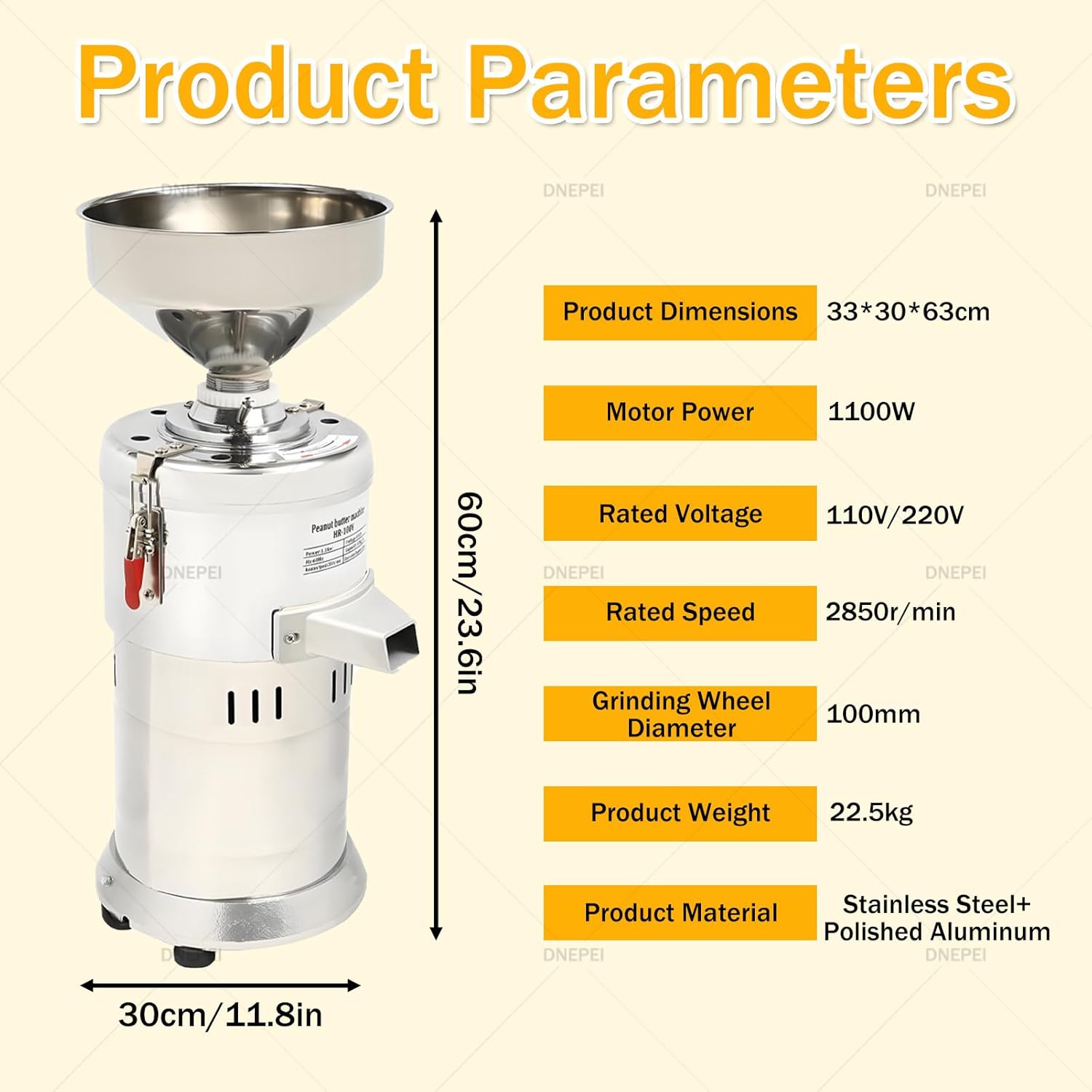 All-in-One Commercial Nut Butter Maker - 1100W Electric Grain & Spice Grinder Machine for Peanut, Almond, Cashew, Sesame, Rice. 33 lbs/Hour, Stainless Steel Construction, Easy to Use.