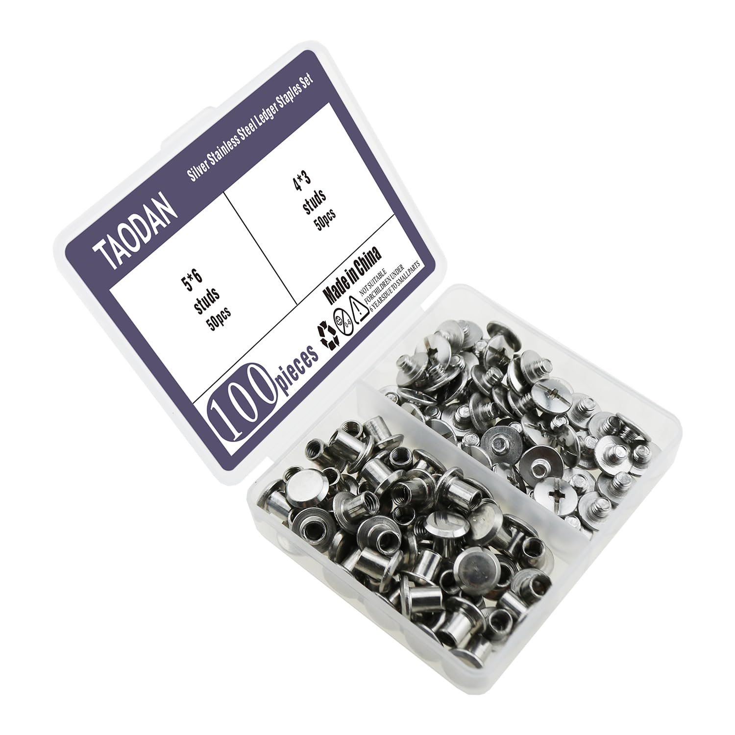 TAODAN 100PCS Silver Stainless Steel Ledger Staples Set Suitable for Leather Crafting Bookbinding Fasteners DIY Projects