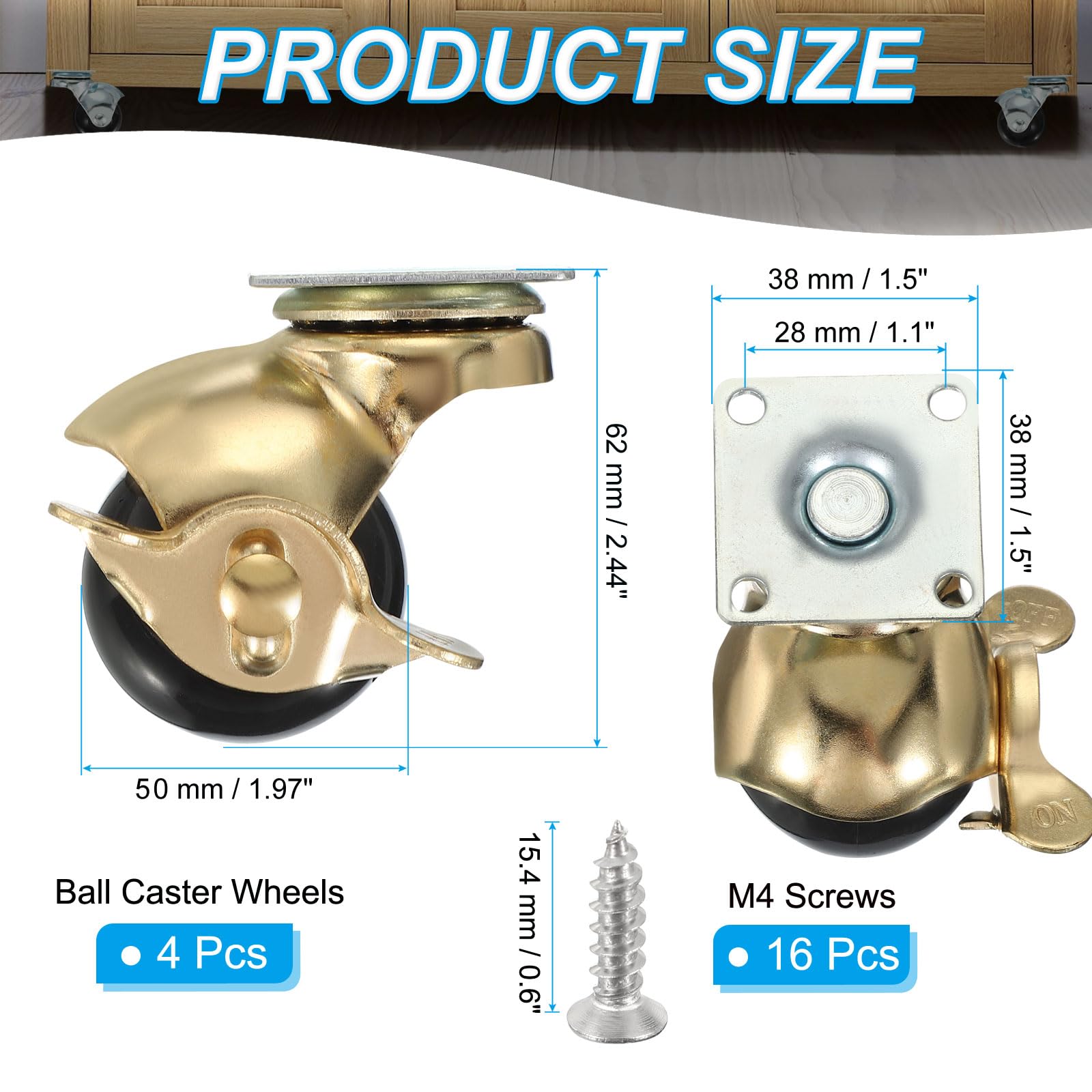 PATIKIL Ball Caster Wheels - 4 Pack with Brake -2
