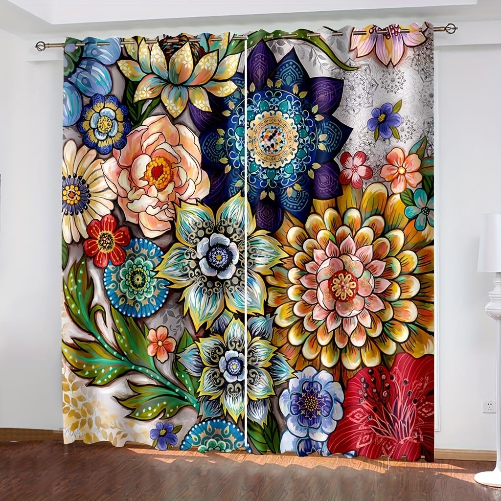 SMXVRC Bohemian Flower Blackout Curtains Colorful Peony Printed Drapes Thermal Insulated Light Blocking with Black Liner Top Grommet Noise Reducing Curtain for Bedroom Interior, W55 x L72 x 2 Panels