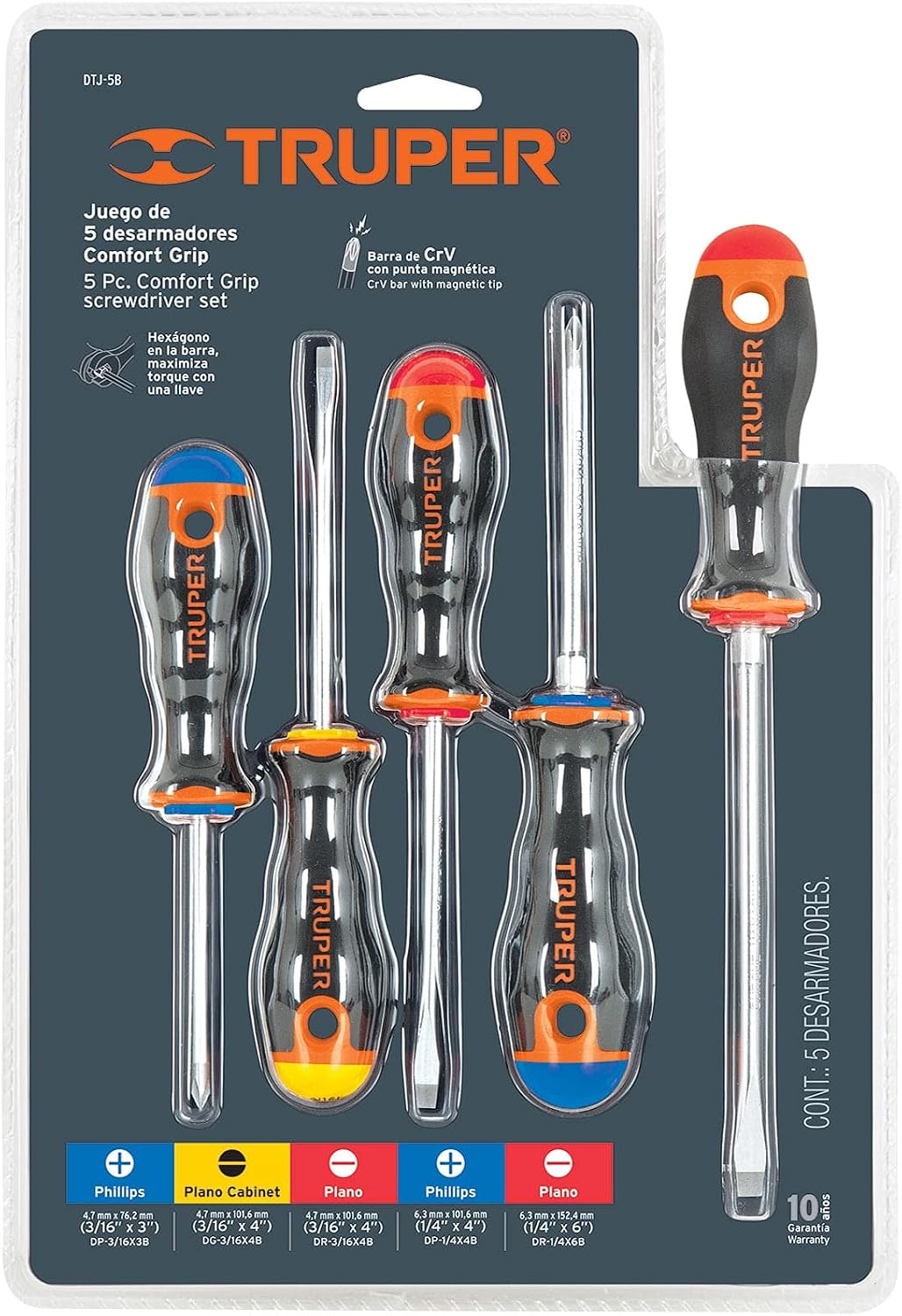 Amazon.com: TRUPER DTJ-5B Juego de destornilladores de 5 piezas, agarre  cómodo, puntas magnéticas : Herramientas y Mejoras del Hogar