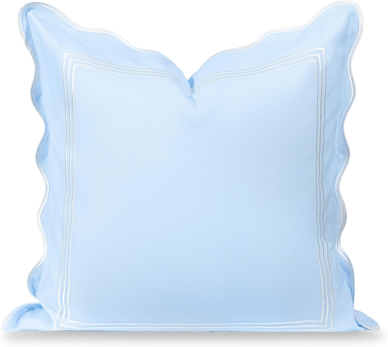 Hofdeco Premium Coastal Grandmillennial Scalloped Patio Indoor Outdoor Throw Pillow Cover Only, 20"x20" Water Repellent for Backyard, Couch, Poolside, Baby Blue Embroidered Frame
