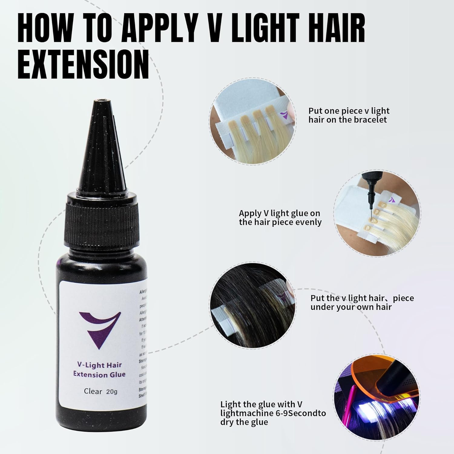 V Light Hair Extensions Kit – Complete Professional Set with V-Light Machine, Remover, Glue 20ml x6 & Remover Solution 20ml x6 – Seamless, Natural Hair Extensions for Volume & Length (Silver)