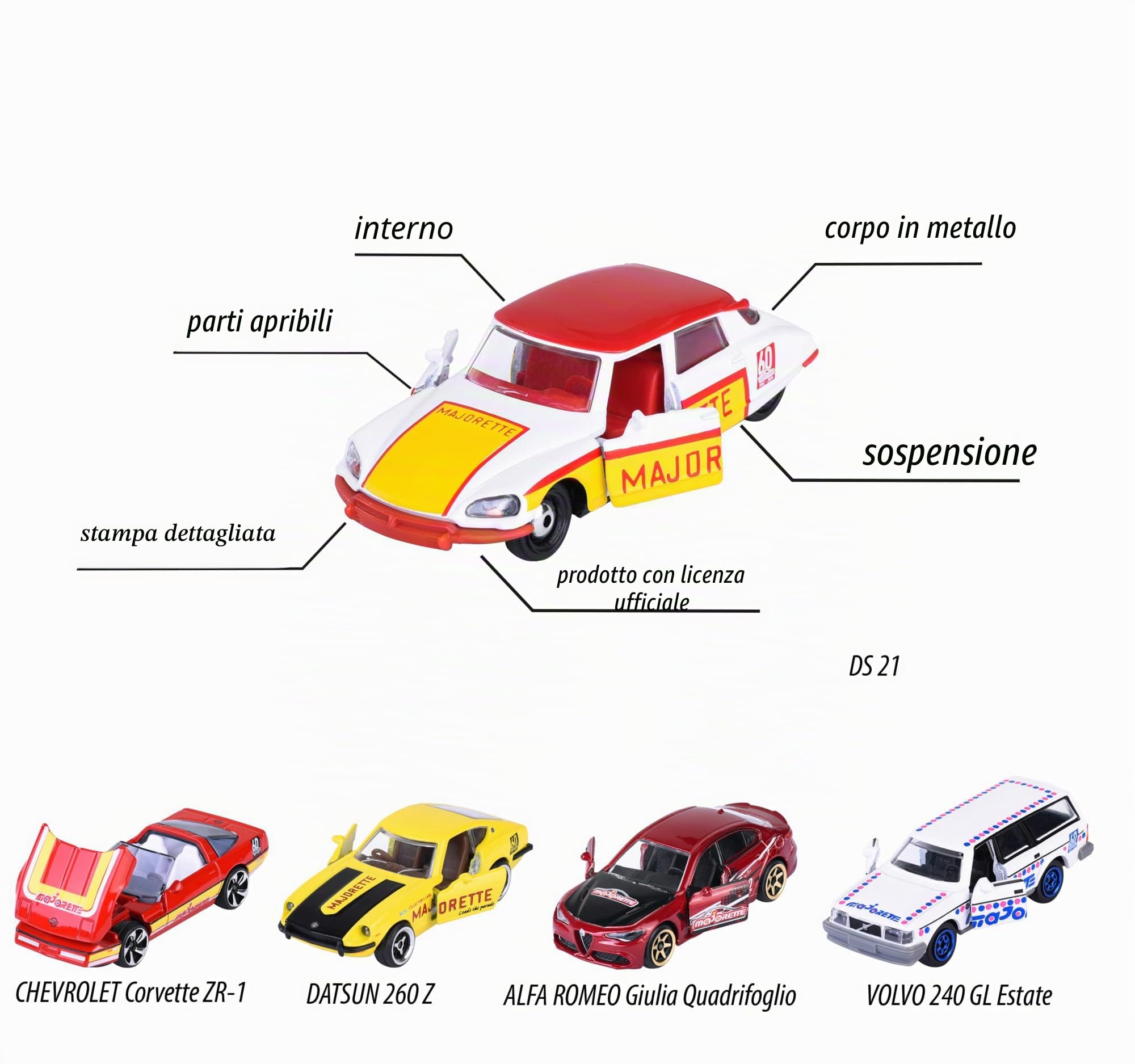 Majorette - Set regalo 60 anni (5 modelli di auto) - 5 auto giocattolo premium in metallo con 2 modelli esclusivi di auto, 7,5 cm, per bambini dai 3 anni in su