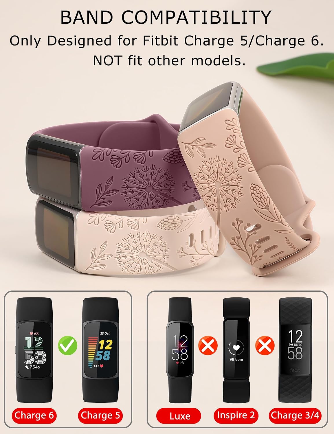 Minyee 3 Packs Floral Engraved Band Compatible with Fitbit Charge 6 Bands/Fitbit Charge 5 Bands Women, Cute Soft Silicone Dandelion Flower Pattern Sport Designer Fancy Summer Strap for Charge 6/5 image 3
