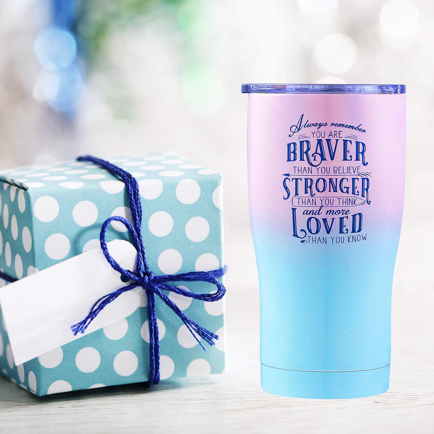 Inspirational Tumbler for Best Friend, Graduate, Retirement, or Cancer Survivor. Always Remember You Are Braver Than You Believe, Stronger and More Loved Than You Know (Pink Blue Glitter, 20 Oz)