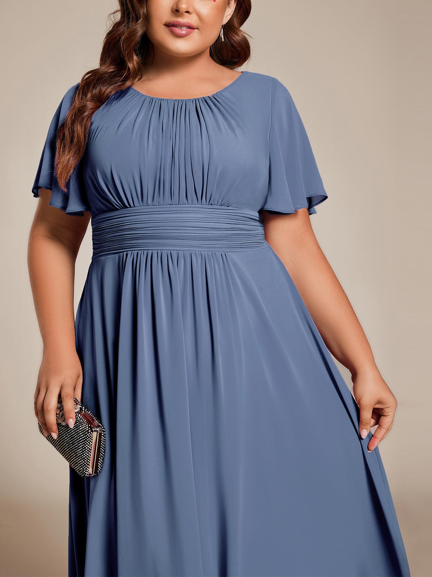 Ever-Pretty A Line Curvy Girocollo Maniche Corte Pieghe Plus Size Alto Basso Abiti da sposa 02053-DA, Blu marino polveroso., 50