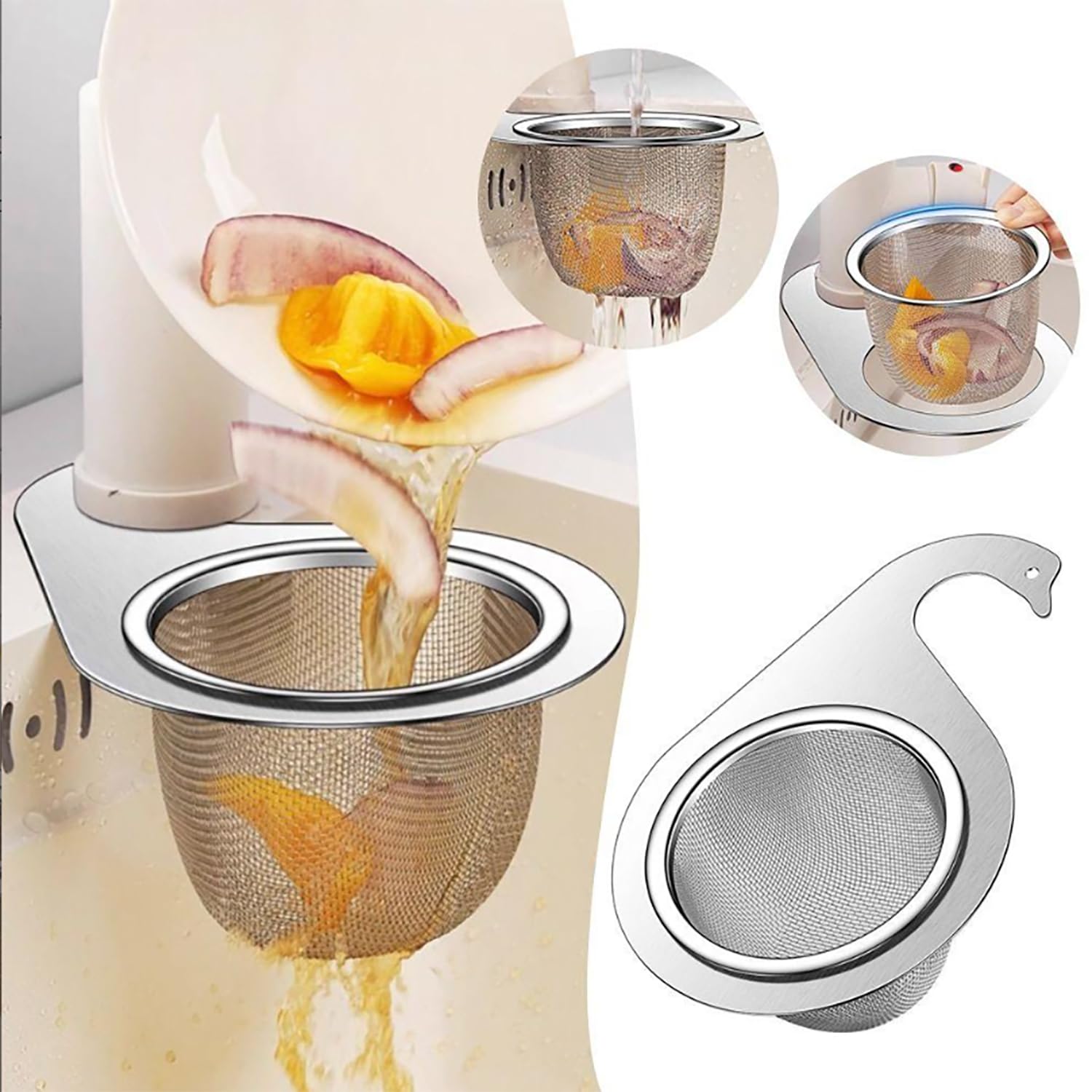 MosQuick® Stainless Steel Kitchen Sink Drain Basket, Big Round Strainer, Food Waste Peel Collector, Filter Jali for Wash Basin, Rust Free Drainer, NALI Cover Mesh, Hair Catcher Chalni (Silver)