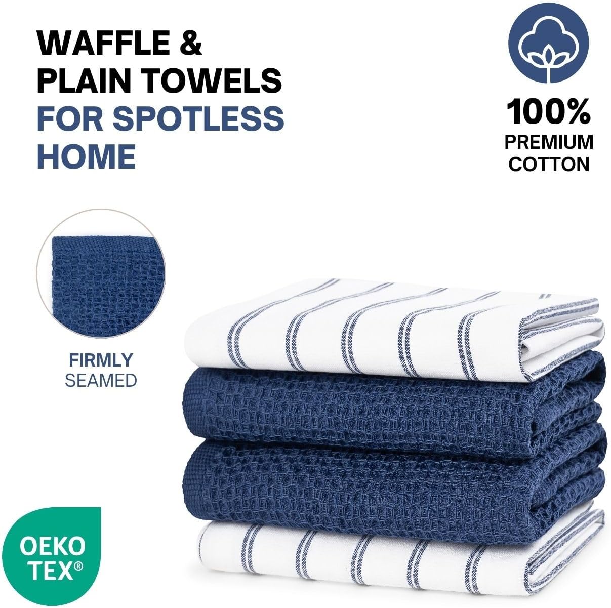 Quick-Drying Kitchen Towels Set of 8 (13"x28") - Cotton Waffle & Plain Weave Dish Cloths | Absorbent Tea Towels for Drying Dishes | Hand Towels | White & Blue Striped Farmhouse Design & Blue Waffle