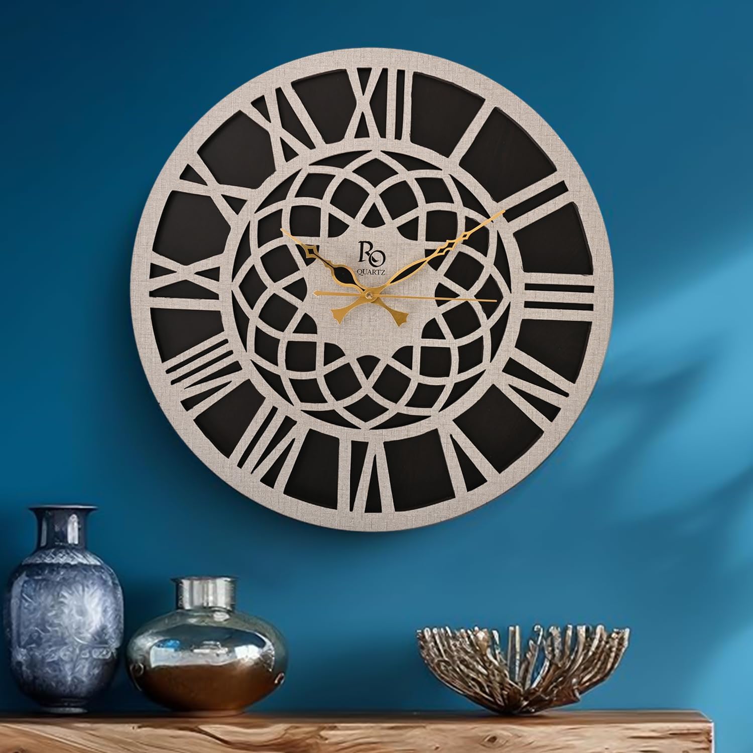 Engineered Wood Round Shape Roman Dial Wall Clock with Silent Quartz Movement | Decorative Wooden Anti Reflection Analog Vintage Clock for Office and Home (Ivory, 15.5 Inch)