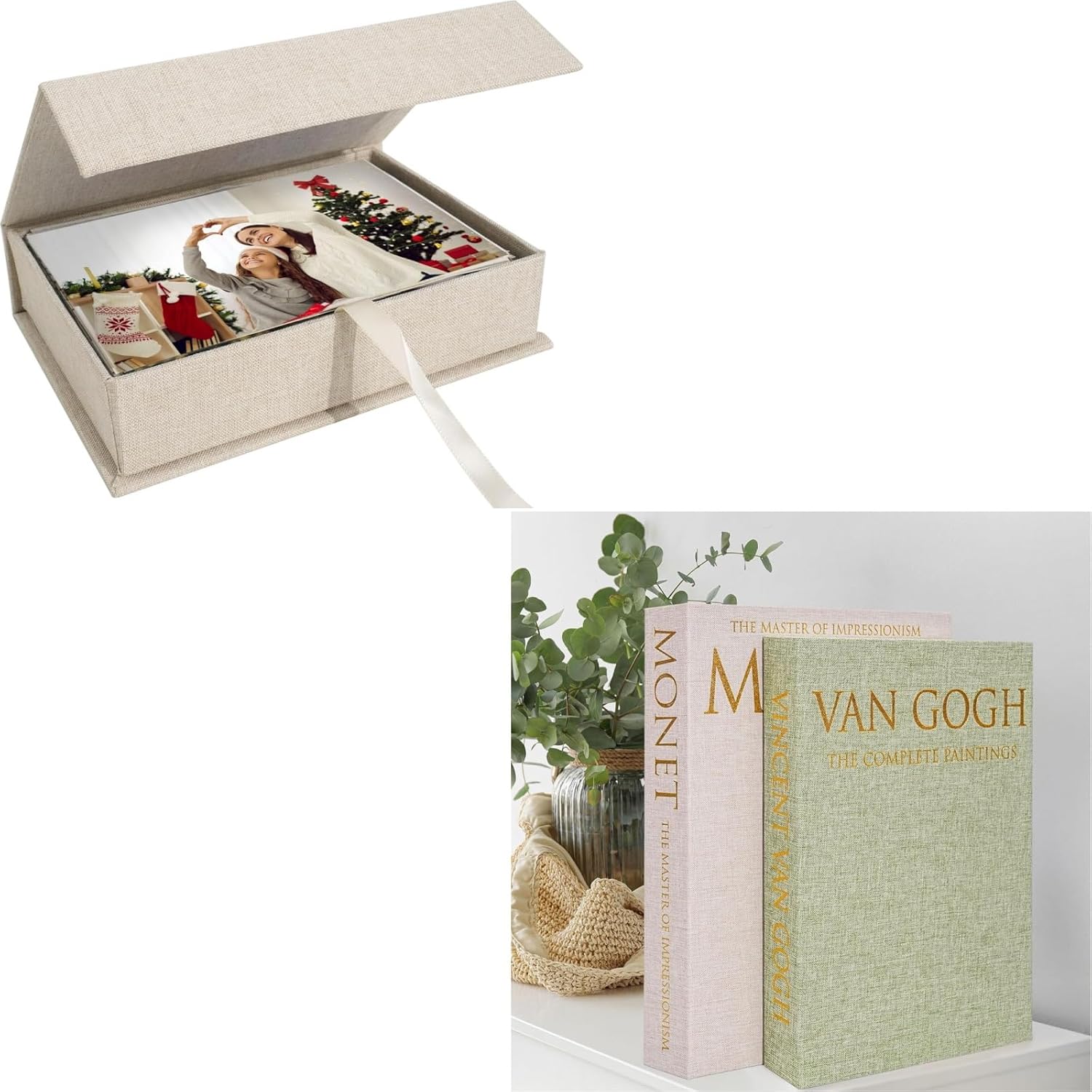 Linen Memory Keeper Set Photo Storage Box & Decorative Book Organizer Perfect for Wedding, Anniversary, Gift