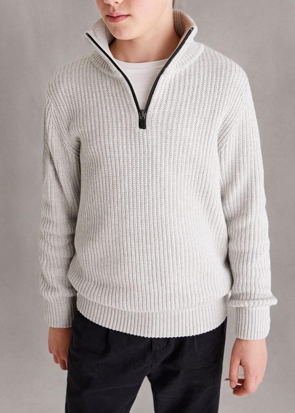 Boys Chunky High Neck Zip Sweater Kids Ribbed Pullover Jumper Winter Knit Tops Outfits - Image 5