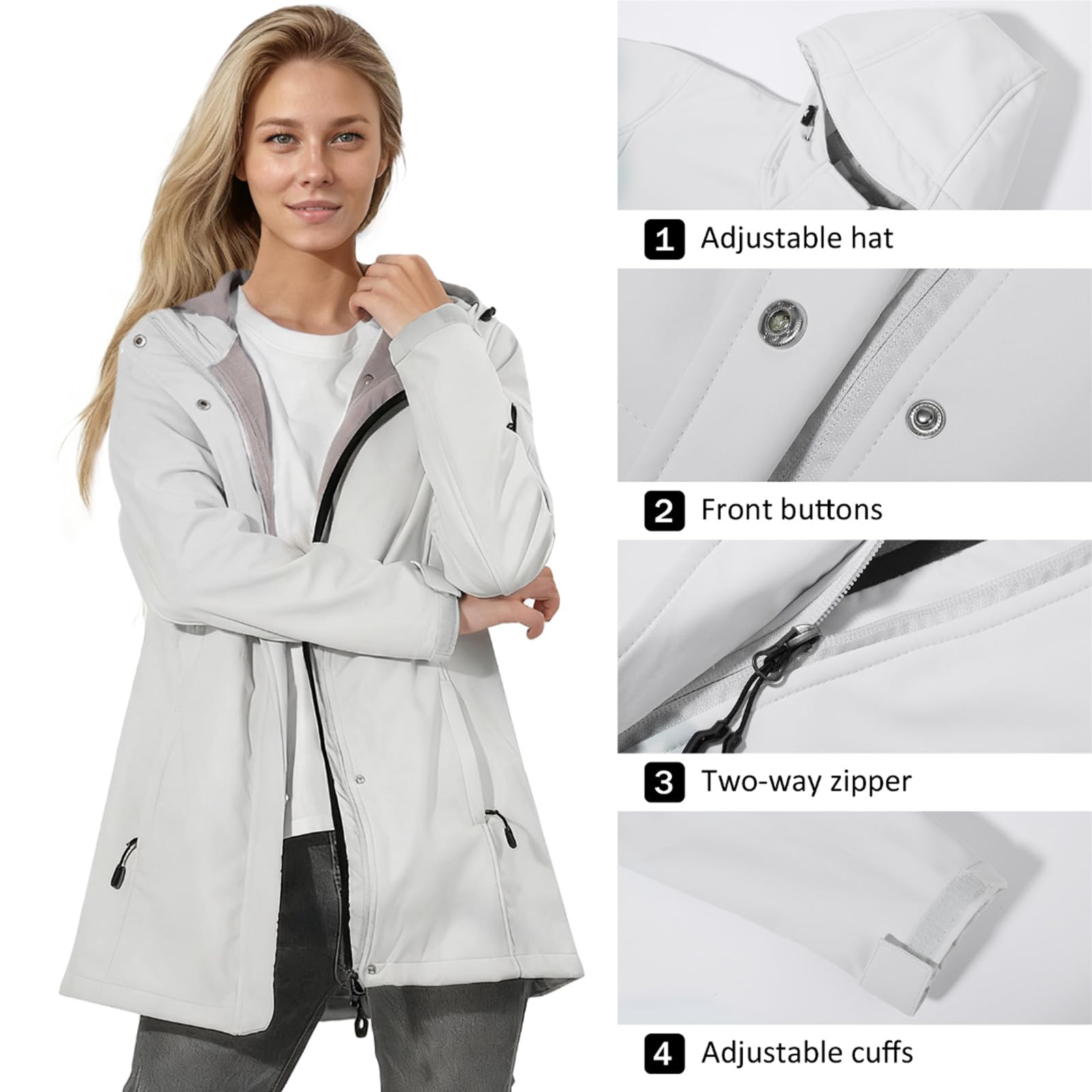 Chaqueta Softshell para mujer, con forro polar, impermeable, cortavientos, cálida, larga, con capucha, para exteriores