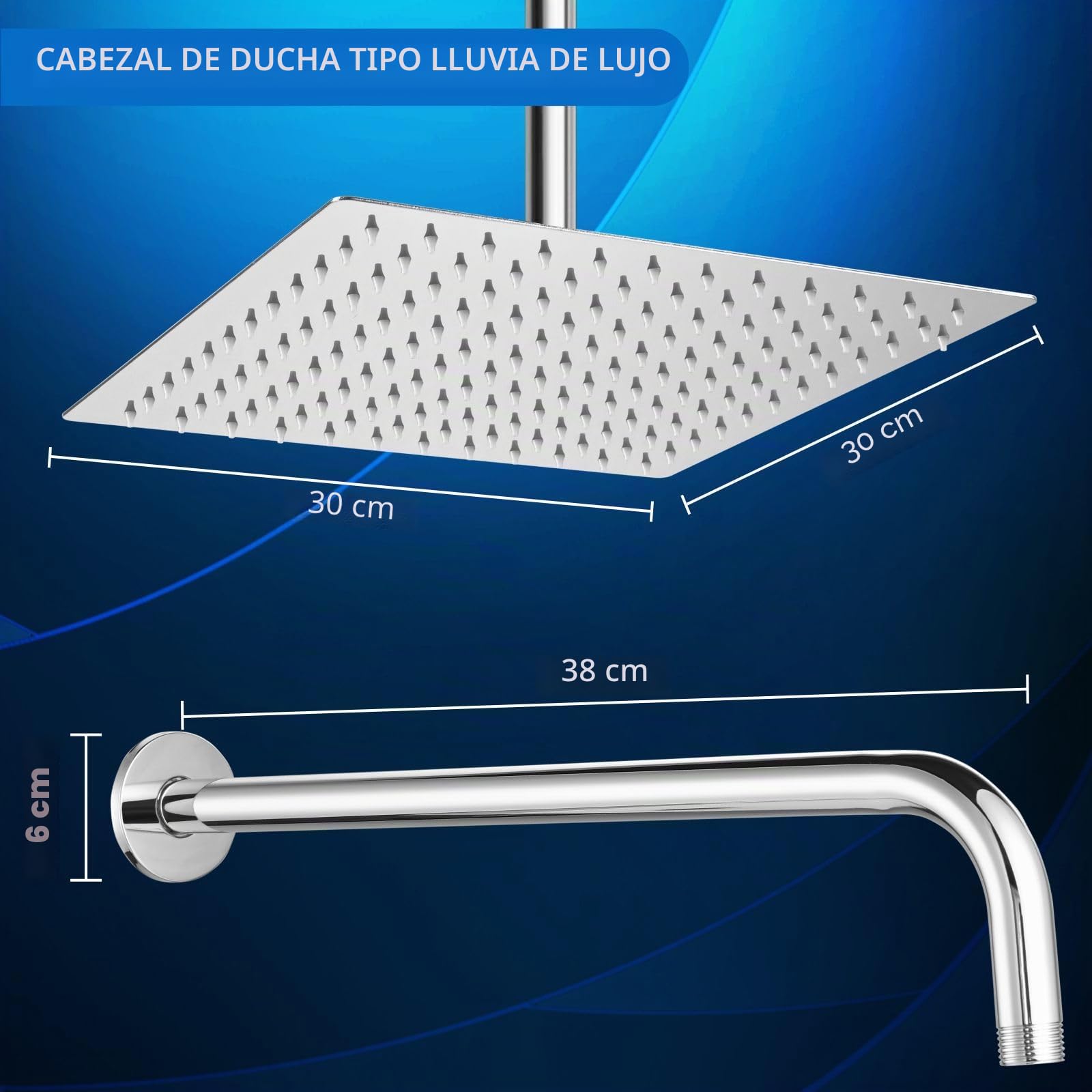 Cabezal de Ducha Tipo Lluvia Voolan con Brazo de Extensión, Cabezales de Ducha Tipo Lluvia de Acero Inoxidable, Cabezal de Ducha Cuadrado de Alto Flujo (Ducha 30cm, Brazo 38cm)