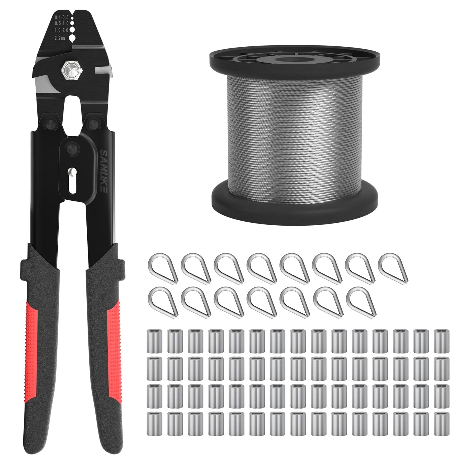 SanukeWire Rope Crimp Kit with 100ft 1/16 304 Stainless Steel Cable 7x7 Strand Core, 60PCS 1/16'' Aluminum Crimp Loop Sleeves and 15PCS M2 Wire Rope Stainless Steel Thimble