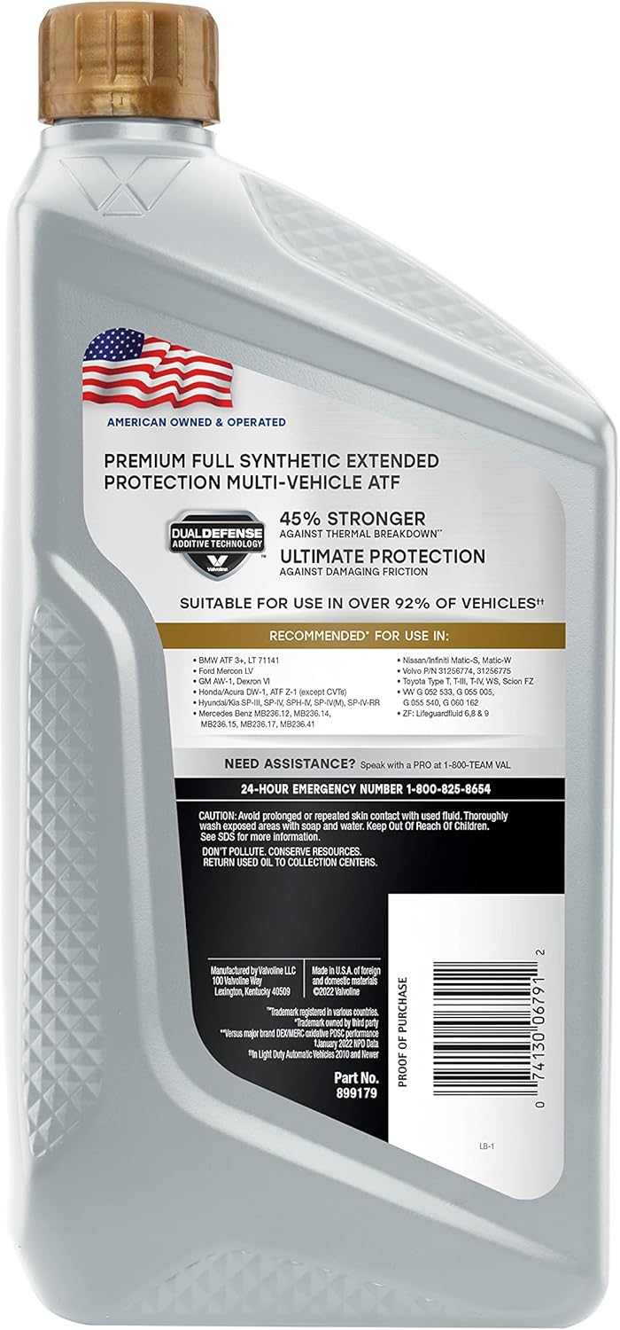 Valvoline Extended Protection Full Synthetic Automatic Transmission Fluid ATF 1 QT, Case of 6