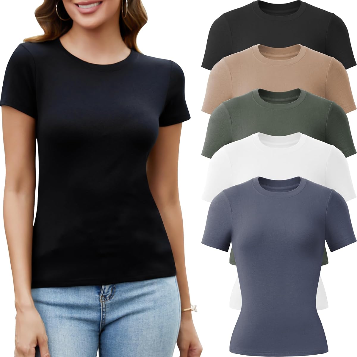 Pack de 5 camisetas con cuello redondo Camisetas básicas para mujer | Camisetas con cuello redondo, Informal diario, Entalladas, Tops básicos, Elásticos, Conjuntos informales diarios y para salir, Entrenamientos básicos de verano