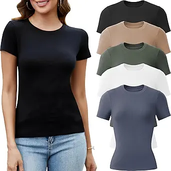 5 Pack Crew Neck T Shirts for Women - Casual, Fitted, Basic Tops