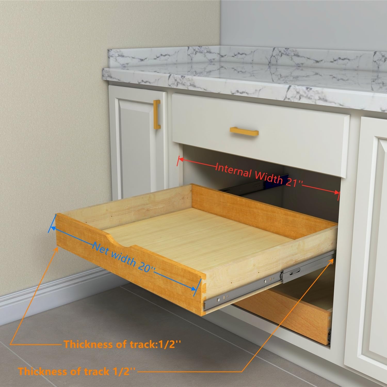 Elysian Roll-Out Shelf Organizer, 20" W × 21" D Cabinet Pull-Out Drawer with Full-Extension 35mm Ball-Bearing Rails, Wooden Slide-Out Storage Tray for Kitchen Base Cabinets