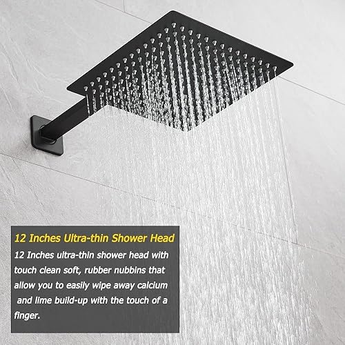Miniatura 3 de Heable Sistema de ducha negro mate de 12 pulgadas, cabezal de ducha de lluvia de lujo con juego combinado de mano, montado en la pared, sistema de