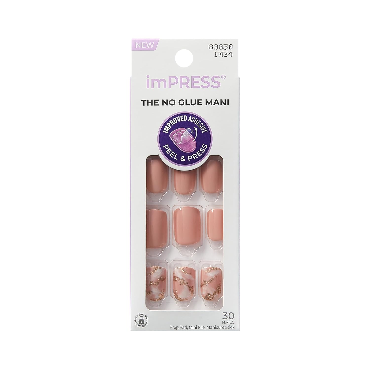 Kiss Impress No Glue Mani Press On Nails, Design, 'Kingdom', Pink, Short Size, Squoval Shape, Includes 30 Nails, Prep Pad, 1 Manicure Stick, 1 Mini File