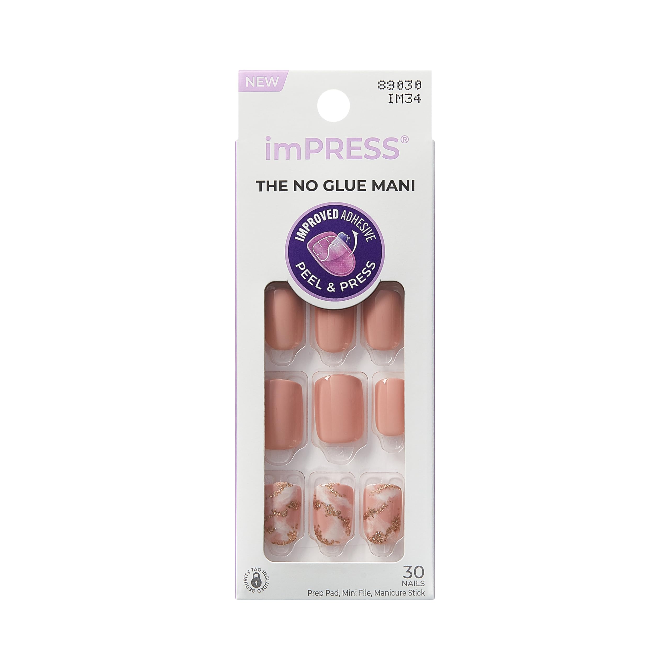 KISS imPRESS No Glue Mani Press On Nails, Design, 'Kingdom', Light Pink, Short Size, Squoval Shape, Includes 30 Nails, Prep Pad, Instructions Sheet, 1 Manicure Stick, 1 Mini File