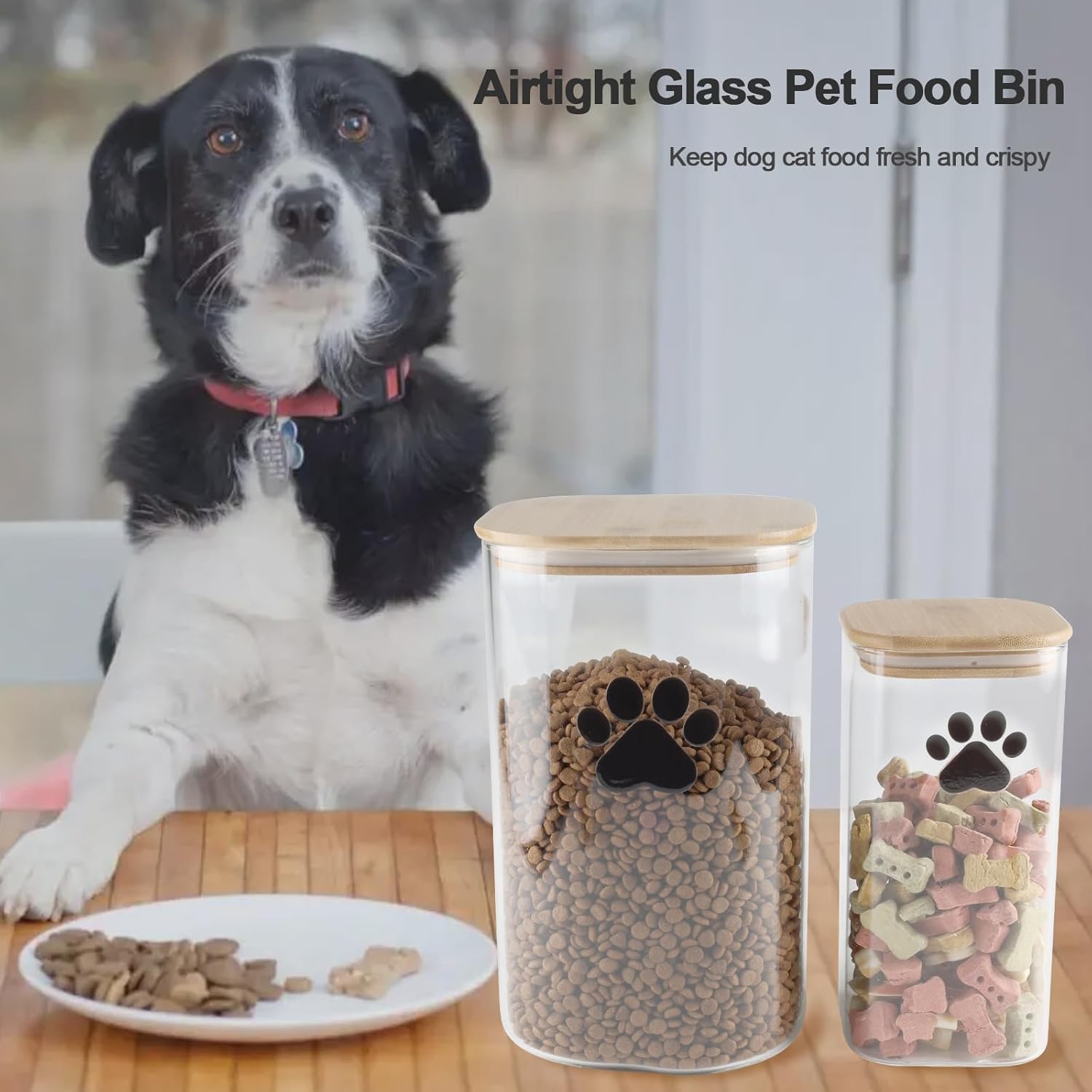Large Square Dog Treat Jars set of 2,135oz+68oz Glass Dog Cat Food Container with Bamboo Lids,Cat Treat Container,Dog Cookie Jar-Hold total 5~6 lbs of Pet Food-Airtight and Keep Fresh