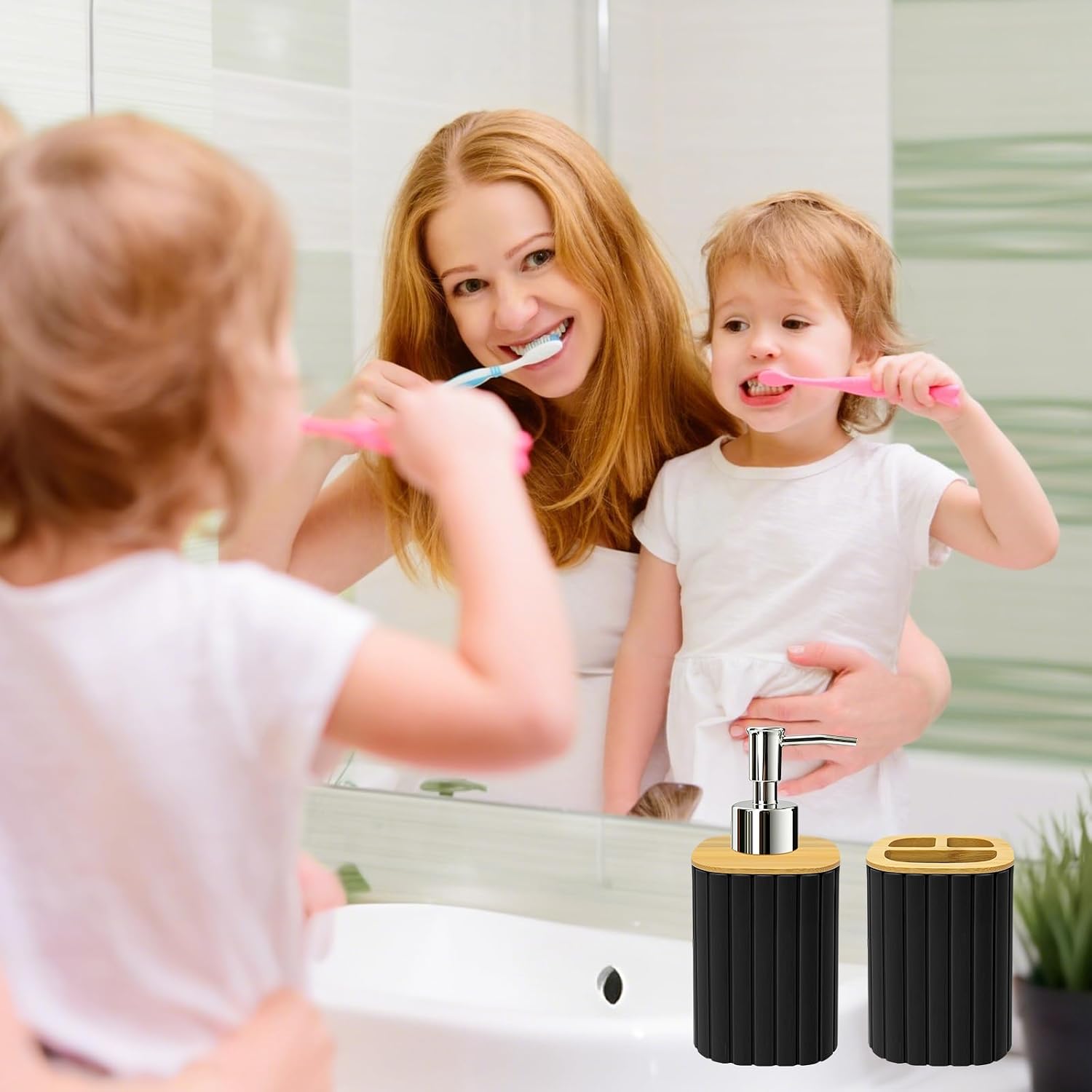 Bathroom Accessories Set, 2PCS Black Soap Dispenser and Toothbrush Holder