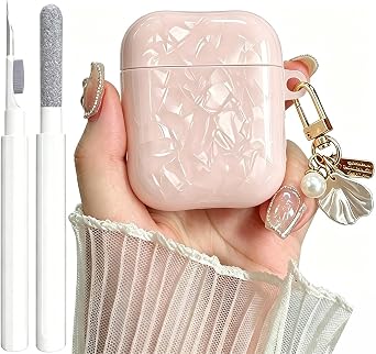 OTOPO for Cute Airpods 2nd/1st Generation Case Girl Women with Cleaner Kit, Glitter Shell Pattern Apple iPods 2/1 Gen Protective Cover Skin with Pearl Shell Keychain, Pink
