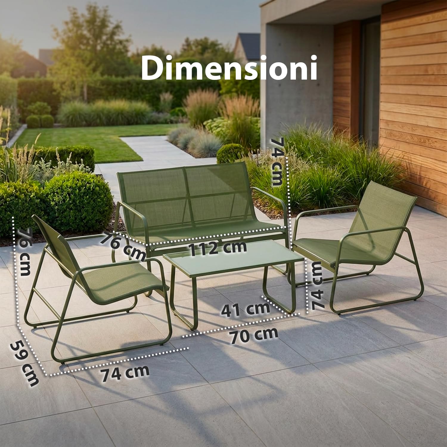 Avilia - Set da Giardino Esterno 4 Pezzi – Divanetto, 2 Sedie e Tavolino Esterno, Struttura Ferro, Seduta Texilene | Set Divano Giardino con Piedini Regolabili, Portata 240/120/60 kg (Khaki)