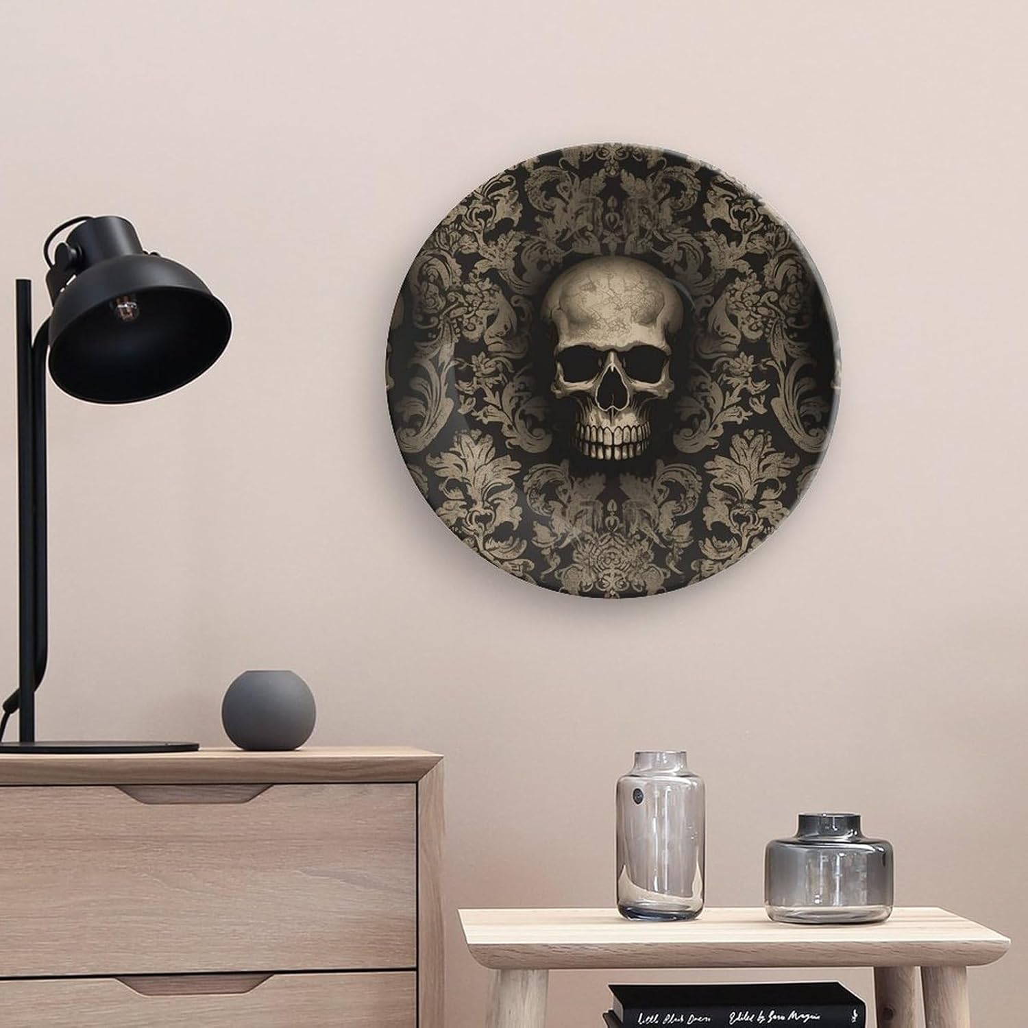 Gothic Wallpaper Skull Ceramic Decorative Plates 10inch Bone China Decorative Plates with Display Stand Handmade Ceramic Ornament for Home Kitchen Bedroom Decorative Ornaments