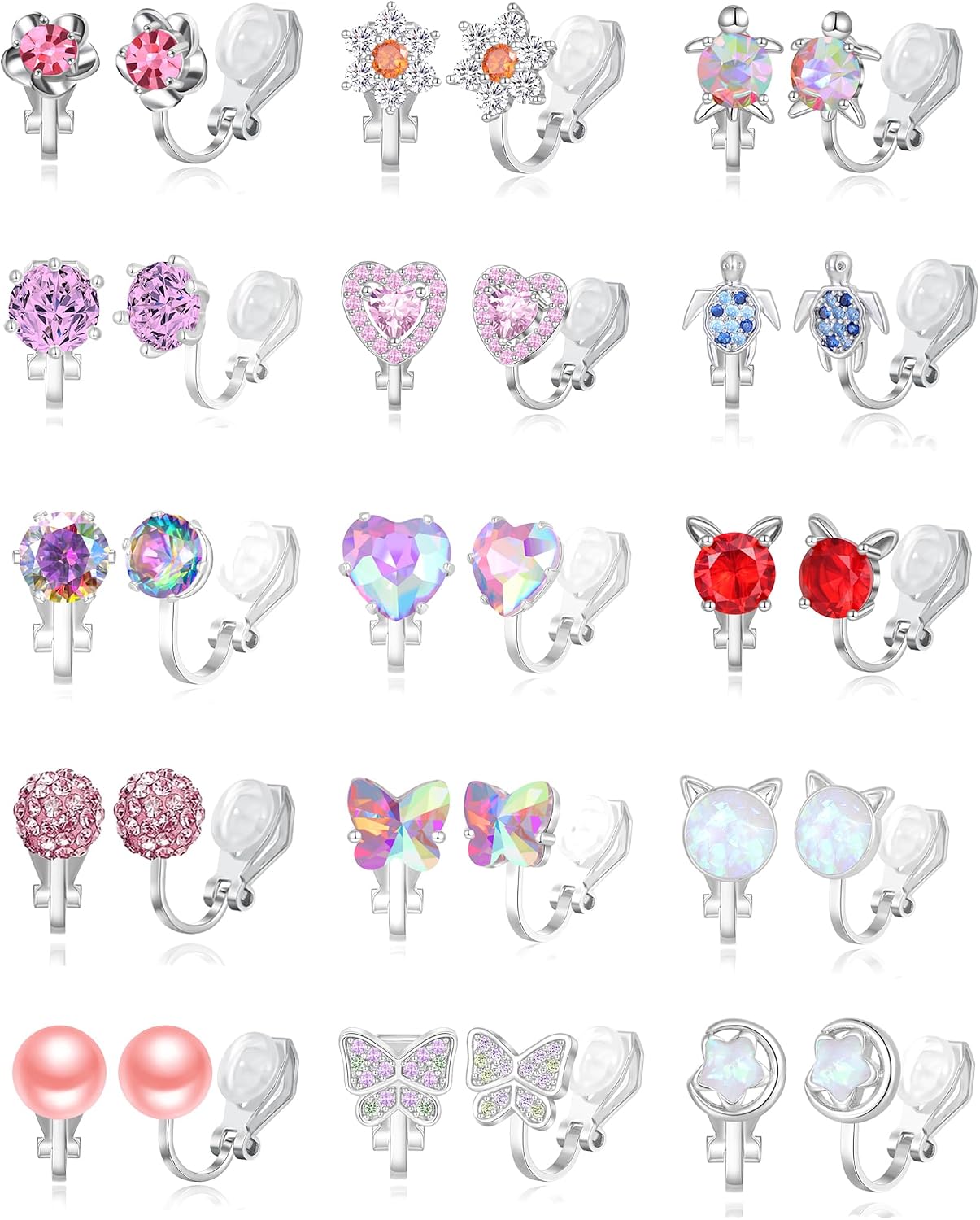 15 Pairs Clip On Earrings For Women Adult Cute Butterfly Rabbit Turtle Heart Flower CZ Pearl Frog Rainbow Star Multicolored Non Pierced Animal Earrings Set