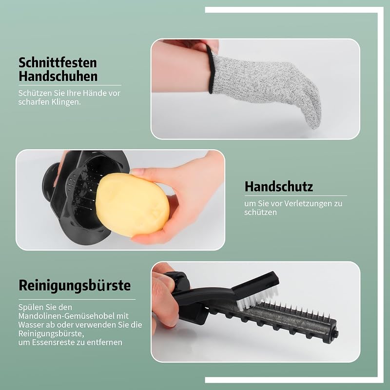 YC Kitchen 7 az 1-ben Állítható Mandolin Szeletelő - Rozsdamentes Acél Zöldségszeletelő Julienne Funkcióval, Védőkesztyűvel és Tisztítókefév