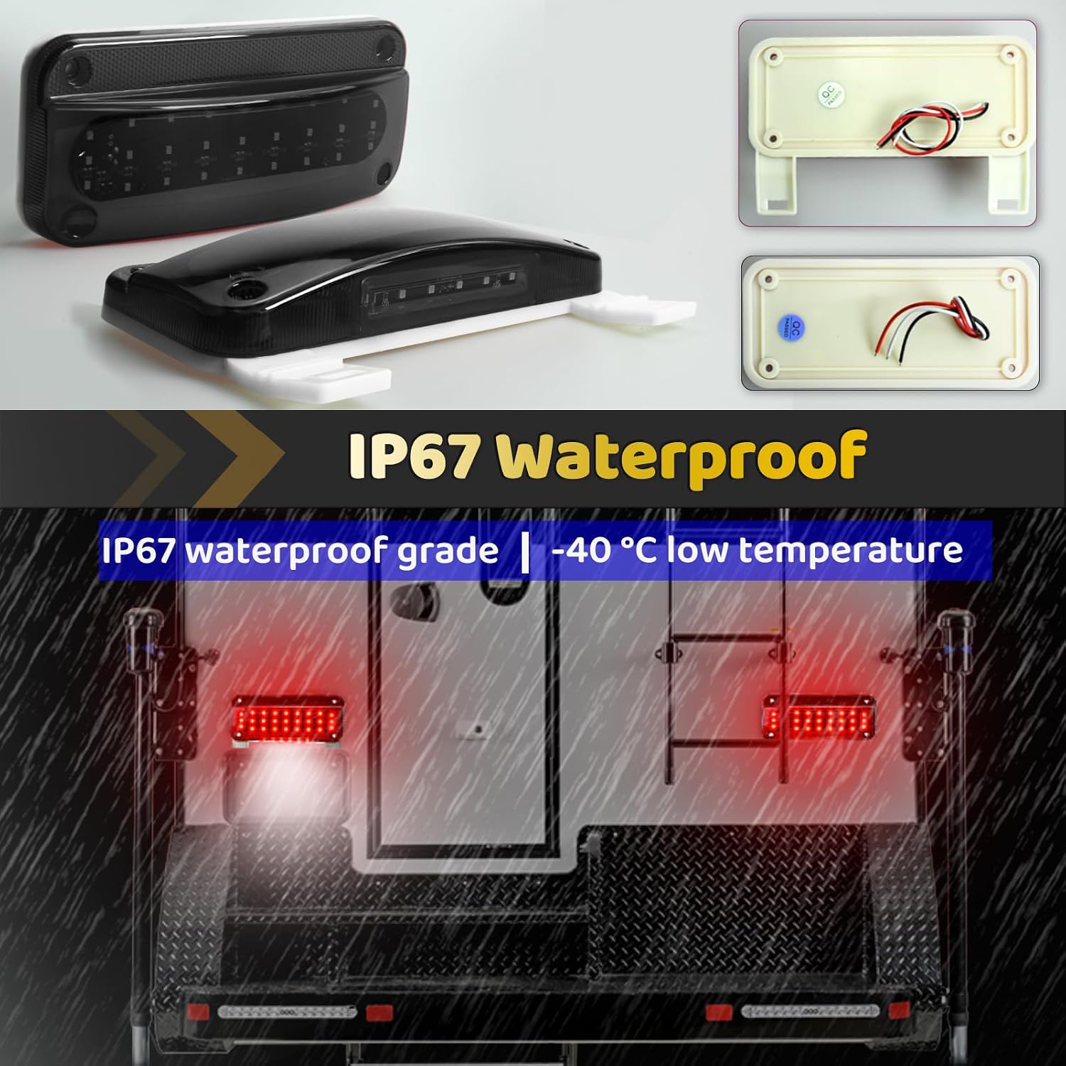 Smoked lens Rectangular Red LED RV Camper Trailer Stop Turn Tail Lights White License Plate Light 49 LED w/License Bracket Holder Sealed Waterproof IP67 w/Reflex Surface Mount DC 12V