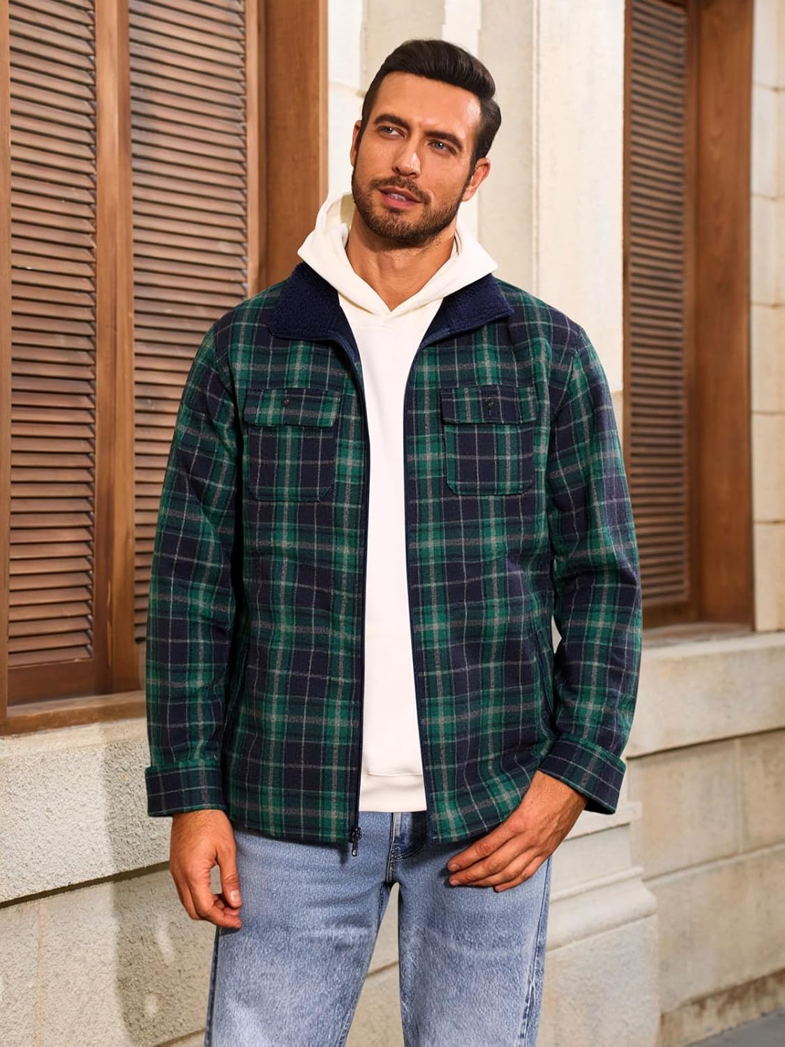 Yousify Mens Sherpa Lined Shirt Jacket Casual Long Sleeve Plaid Shacket Flannel Fleece Full Zip Jacket - Image 3