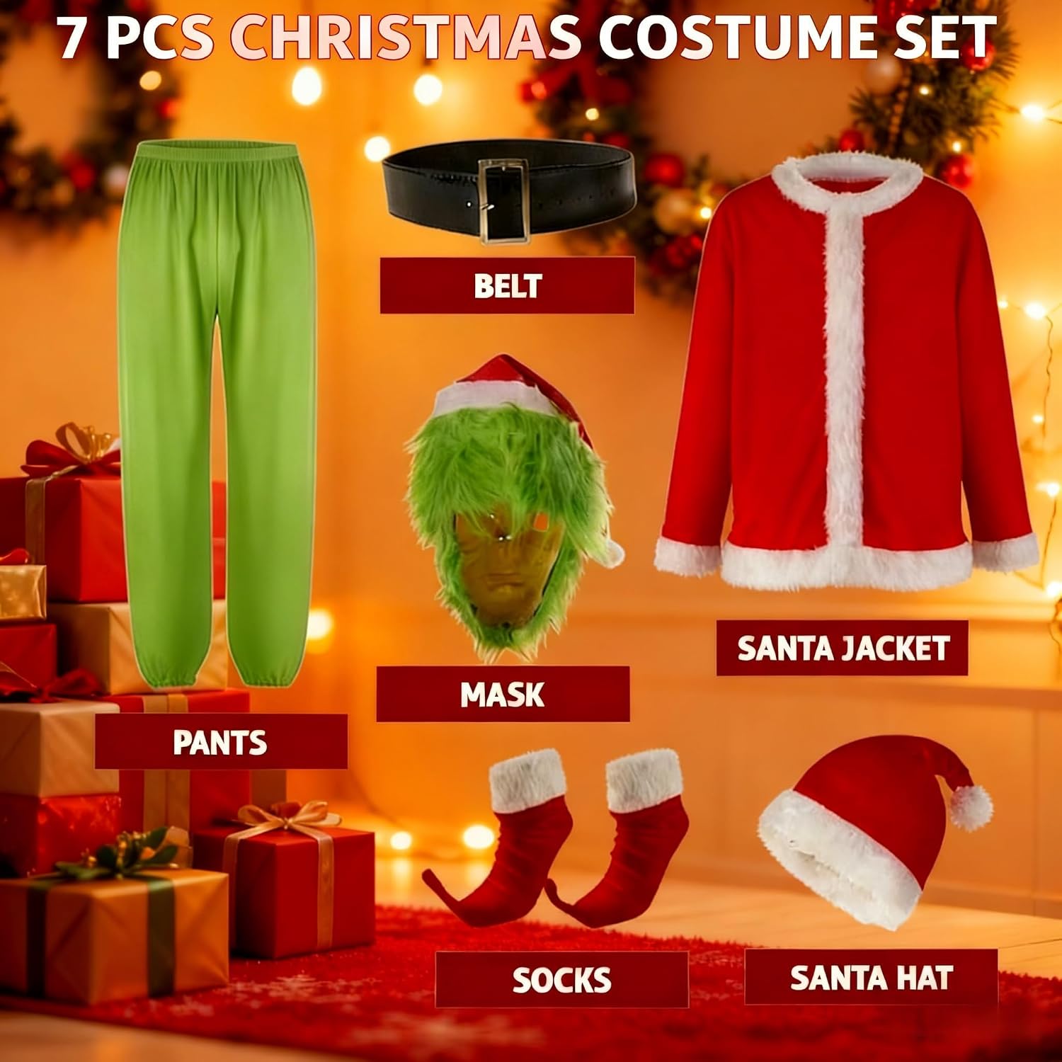 Adrinfly 7pcs Christmas Big Monster Santa Suit for Adult Green Deluxe Santa Costume With Mask