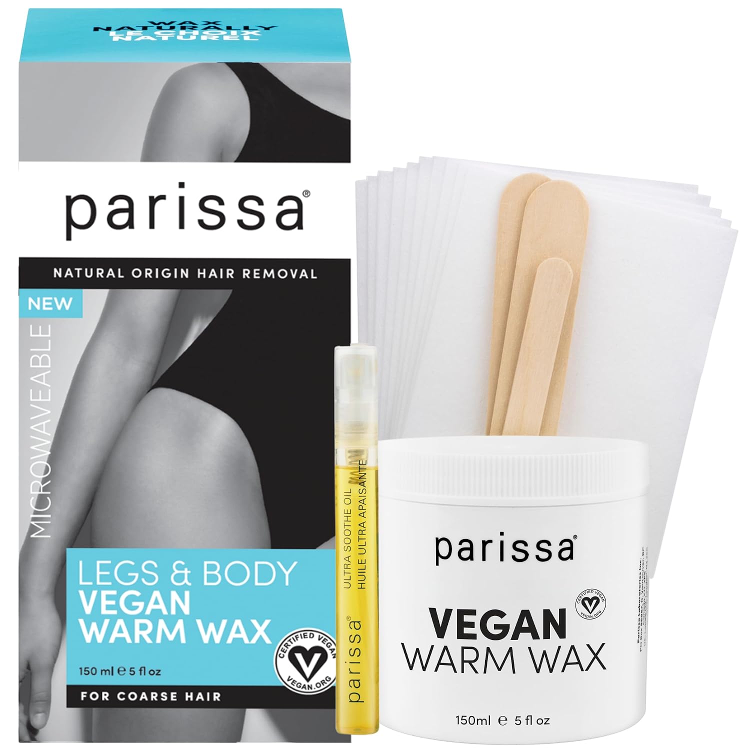 Parissa Microwavable Waxing Kit for Women – Warm Wax for Hair Removal on Legs, Bikini, Underarms & Body | Pulls Coarse, Stubborn Hair from the Root | Vegan, Made in Canada | 5 fl oz (150 ml)