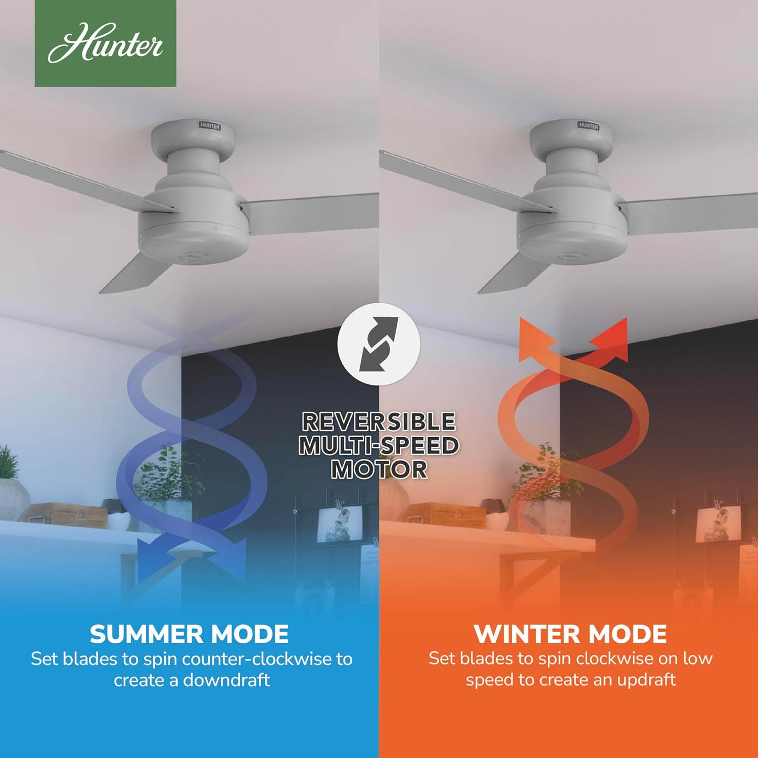 Hunter 44 inch Indoor Ceiling Fan No Light - Modern Ceiling Fan without Light, 3 Blades, Low Profile Mount, For Bedroom, Living Room, or Kitchen, Wall Control - Presto 52404, Dove Grey