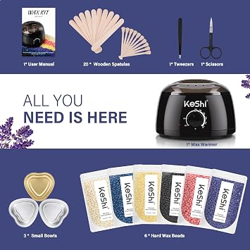 KeShi Waxing Kit, Painless Hair Removal Wax Warmer with 6 Bags Hard Wax Beans for Full Body, Legs, Face, Eyebrows & Bikini Ideal for Both Women & Men